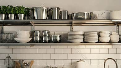 Stainless steel shelves showing dishes, pots, and pans in modern kitchen