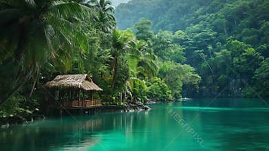 Wooden bungalow overlooking picturesque lagoon in tropical paradise