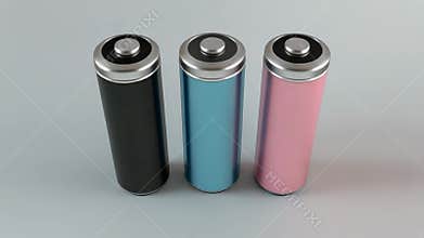 Three colorful batteries standing on gray background