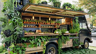 The food truck features a stunning display of greenery and pots filled with plants,