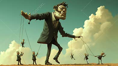 Giant businessman controlling puppet-like employees