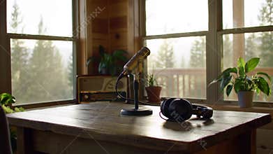 Cozy podcasting workspace in a rustic cabin with a view of the forest.