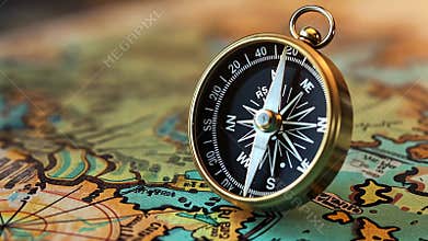 A compass is placed on an antique map featuring detailed illustrations of trade routes