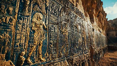 Intricate Ancient Egyptian Hieroglyphics engraved on a stone wall
