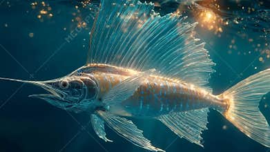 Underwater scene with two swordfish swimming, coral reef background, translucent bodies, shimmering fins, natural lighting from