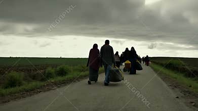 Refugees walking on a country road seeking asylum