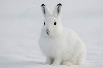 Arctic hare sitting on snowy ground during winter, showcasing thick white fur and upright black tipped ears in cold climate, AI