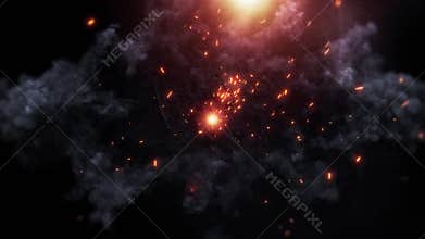 Dynamic Explosion With Bright Sparks and Scattered Smoke on a Black Background