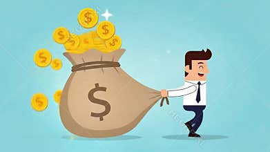 man dragging a heavy money bag, cartoon illustration