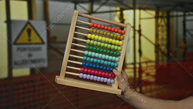 Caucasian man holding colorful abacus at a construction site with scaffolding in the background