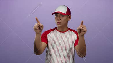 Young man in baseball uniform over purple background sending a kiss to the camera with a playful gesture