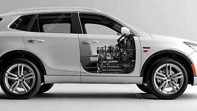 Transparent auto structure: internal mechanism, modern transport, x-ray body, car suspension, advanced technology, innovative