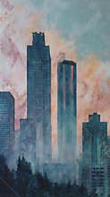 Textured Painting of Teal Skyscrapers Emerging from Mist at Sunrise