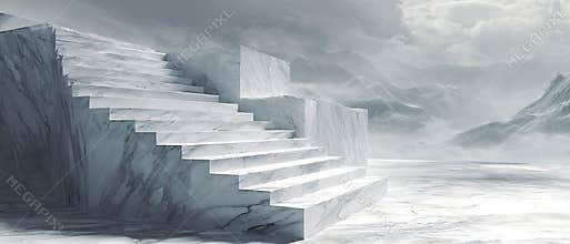 Monolithic Marble Stairway Amidst a Cold, Ethereal Mountain Landscape