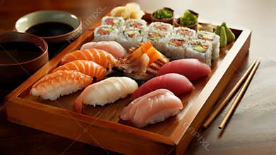 Exquisite sushi platter presentation with vibrant nigiri and rolls