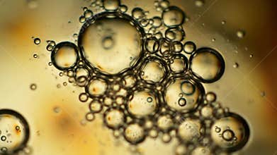 Dynamic Macro Bubbles Floating in Golden Liquid: Abstract Fluid Movement and Effervescence