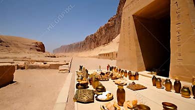 First Dynasty Tomb with Ceremonial Offerings, Dramatic Cliffs Symbolizing Eternity in Early Egyptian Mythology