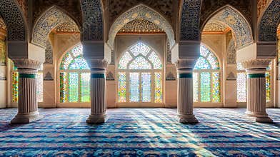 Generative AI Majestic Indo-Islamic Architecture with Arched Windows and Patterned Carpets business concept.