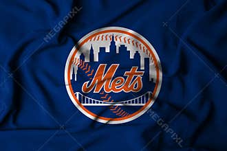 flag with the logo of the MLB New York Mets baseball team, 3d illustration