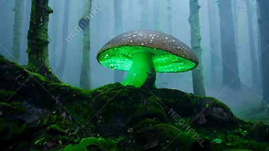 A bright green magical mushrooms grows in a dark mossy forest.