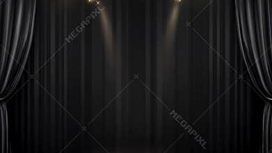 Black curtains open on an empty stage lit by spotlights, perfect for presentations or announcements