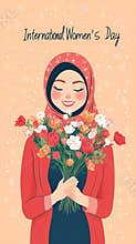 Illustration of a woman with hijab holding flowers for International Women's Day celebration