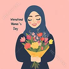 Illustration of a woman with a hijab holding a bouquet for International Women's Day