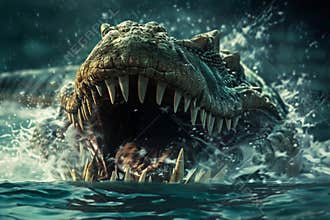 Terrifying scary sea monster in dark depths of deep blue ocean, abstract vivid composition consists of fictional unreal