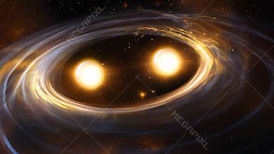 A stunning view of a binary star system, showcasing two stars orbiting each other, with their light casting beautiful reflections