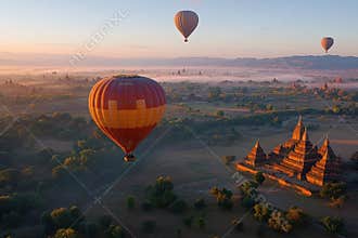 Hot air balloons soar over ancient temples in the serene morning light of Bagan, Myanmar