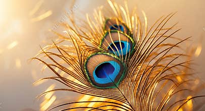 Close up of radiant gold peacock feather on vibrant golden background symbolizing beauty and prosperity with ample space