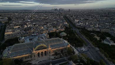 Aerial view of the Petit Palais and the Grand Palais des Champs-Elysees at sunrise in Paris, France