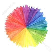 Spiked radial color wheel in bright rainbow hues. Color mixing clipart with primary and secondary colors with watercolor