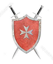two swords and shield with maltese cross isolated on white