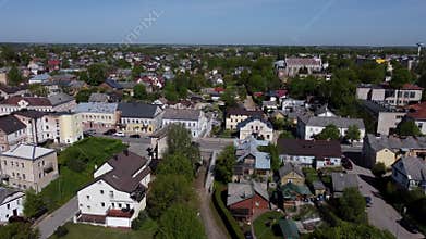 Aerial view of the cityscape of Ukmerge on a sunny day, Lithuania