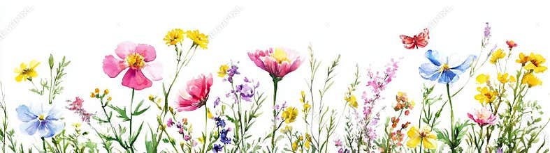 An adorable watercolor flower border, set against a white background, ideal for use in cards, borders, banners, and