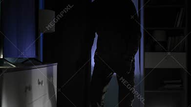housebreaking, male burglar with flashlight in hand enters room in darkness in search of valuables