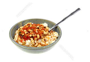 Blackeye Peas Sauce On Rice Gray Bowl Spoon Angle On White