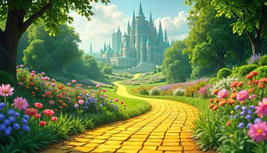 Enchanted yellow brick path winds toward magical emerald city. Springtime blossoms surround pathway. Vivid colors create