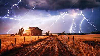 Lightning in the storm sky over the field. Lightning storm with thunderbolt in thunder