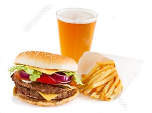 Burger with french fries and beer