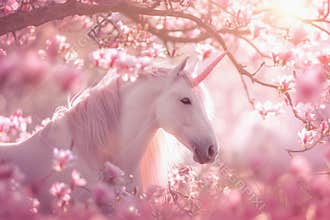 Fantastically beautiful mythological pink unicorn with big long horn, abstract vivid composition consists of fictional