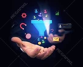 Lead generation business concept with glowing shapes hovering over the hand, sales, conversion, money, goals and business strategy