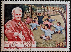 Stamp printed in the Italy shows Dr. Maria Montessori and Children