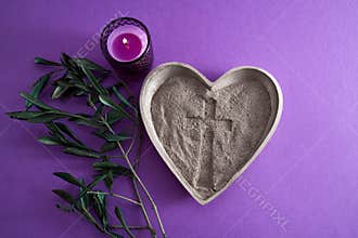 Ash Wednesday Symbolism. Heart Symbol and Cross on Purple