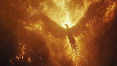 Flaming phoenix rising in fiery blaze
