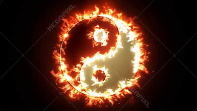 Yin yang symbol burning in fiery flames on black background