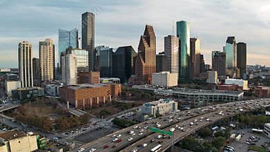 Hyperlapse drone footage of the skyline of Houston City at sunset in Texas, USA