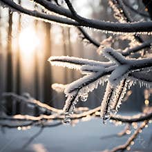A close-up view of frosted tree branches covered in sparkling ice crystals.