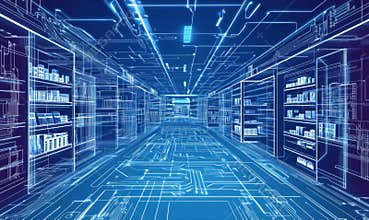 Futuristic library with digital circuitry design, shelves filled with books and technology, illuminated pathways, modern